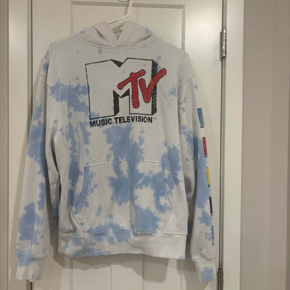 MTV Music Television Tie Dye Hoodie Small Blue White 2021 Viacom Unisex Y2K